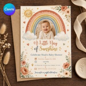 Little Ray of Sunshine Baby Shower Invitation, Boho Rainbow Photo Invite, Gender Neutral Editable Canva Template