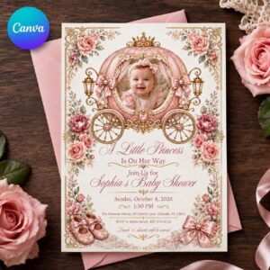 Princess Baby Shower Invitation, Pink Gold Carriage Girl Photo Invite, Royal Floral Editable Canva Template
