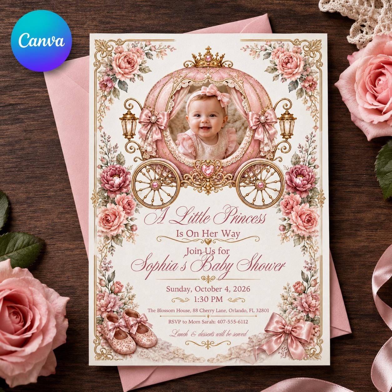 Princess Baby Shower Invitation, Pink Gold Carriage Girl Photo Invite, Royal Floral Editable Canva Template