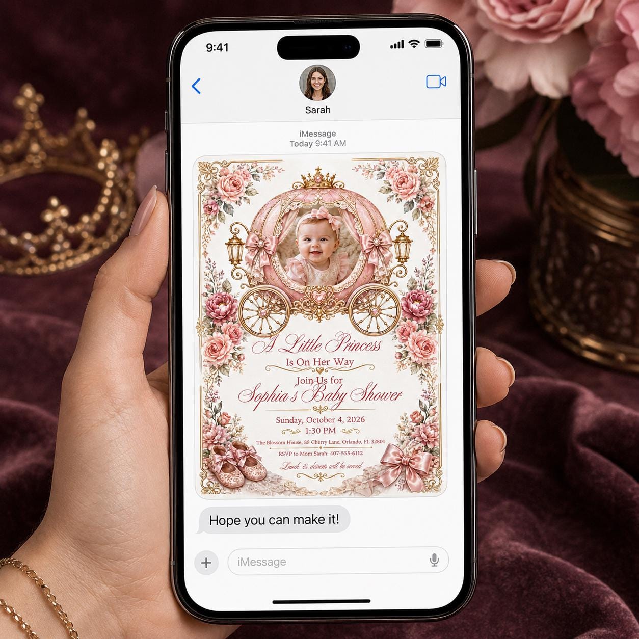Princess Baby Shower Invitation, Pink Gold Carriage Girl Photo Invite, Royal Floral Editable Canva Template - Image 3