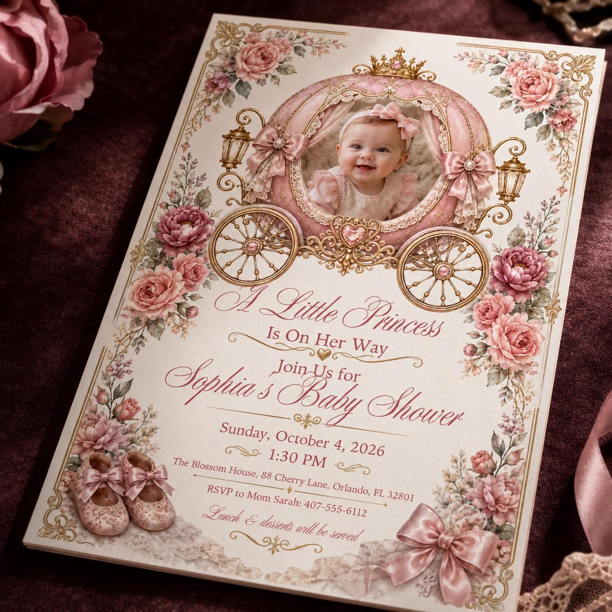Princess Baby Shower Invitation, Pink Gold Carriage Girl Photo Invite, Royal Floral Editable Canva Template - Image 6