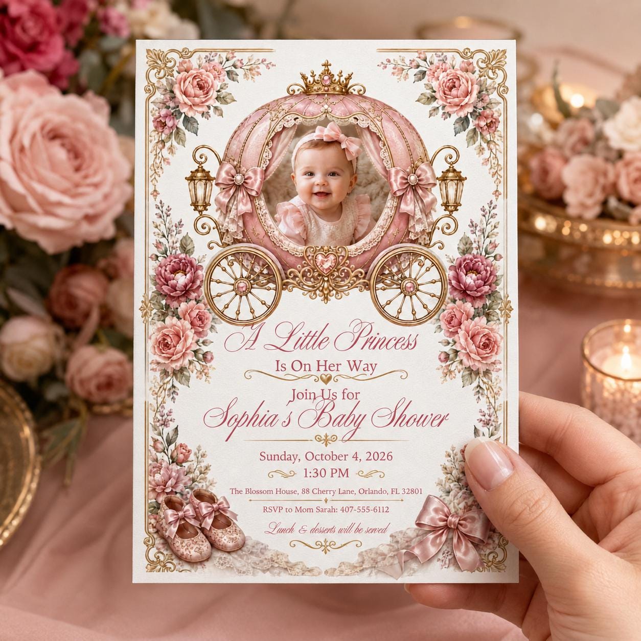 Princess Baby Shower Invitation, Pink Gold Carriage Girl Photo Invite, Royal Floral Editable Canva Template - Image 4