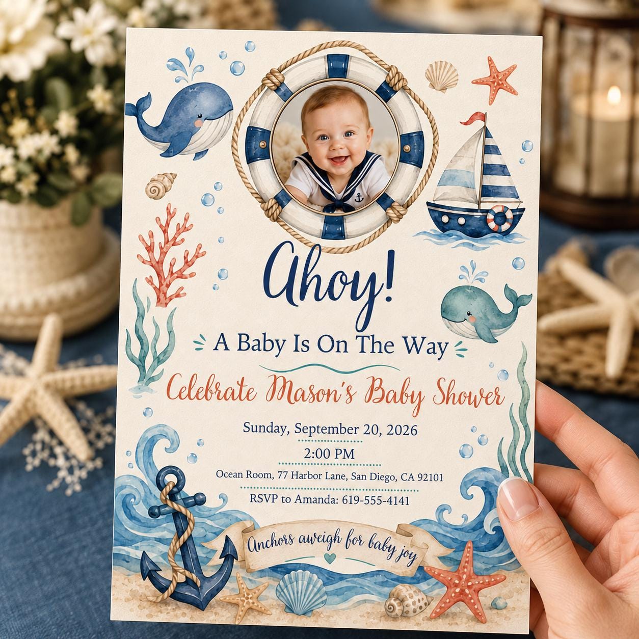 Nautical Baby Shower Invitation, Ahoy Sailor Boy Photo Invite, Ocean Theme Editable Canva Template - Image 4