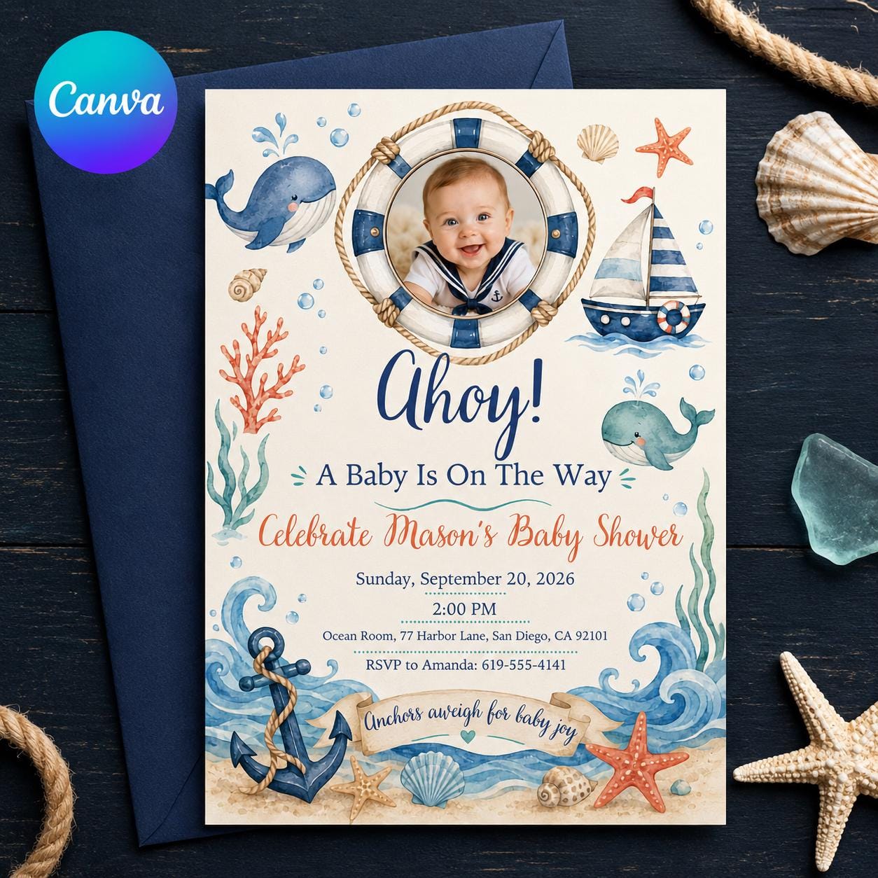 Nautical Baby Shower Invitation, Ahoy Sailor Boy Photo Invite, Ocean Theme Editable Canva Template