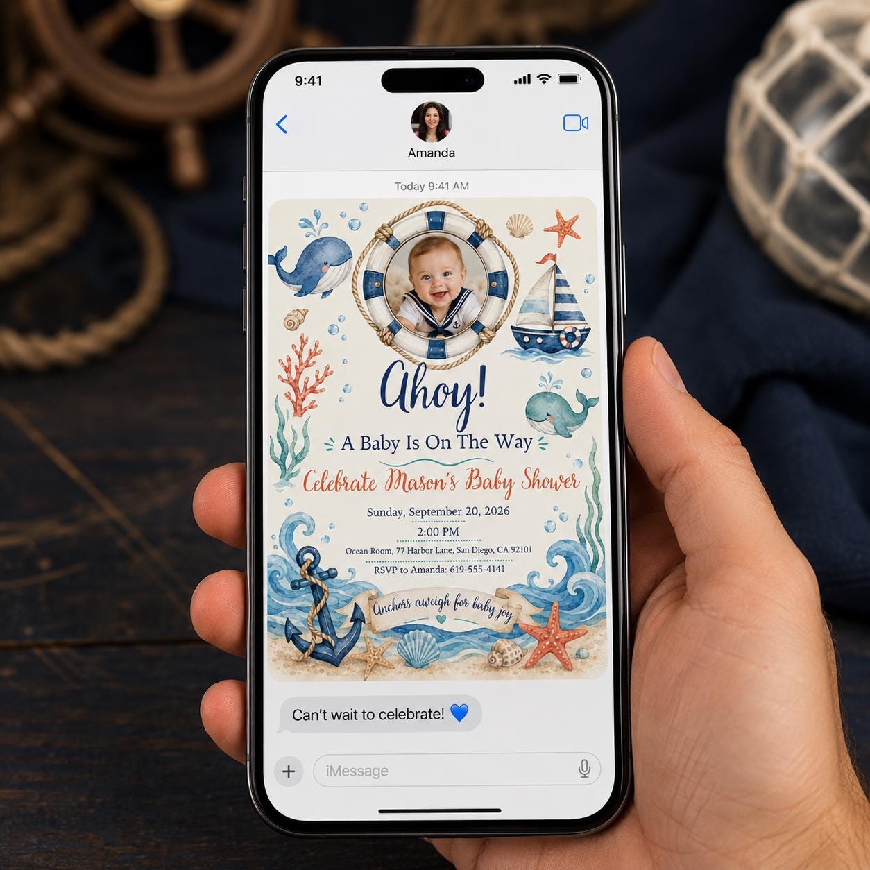 Nautical Baby Shower Invitation, Ahoy Sailor Boy Photo Invite, Ocean Theme Editable Canva Template - Image 3