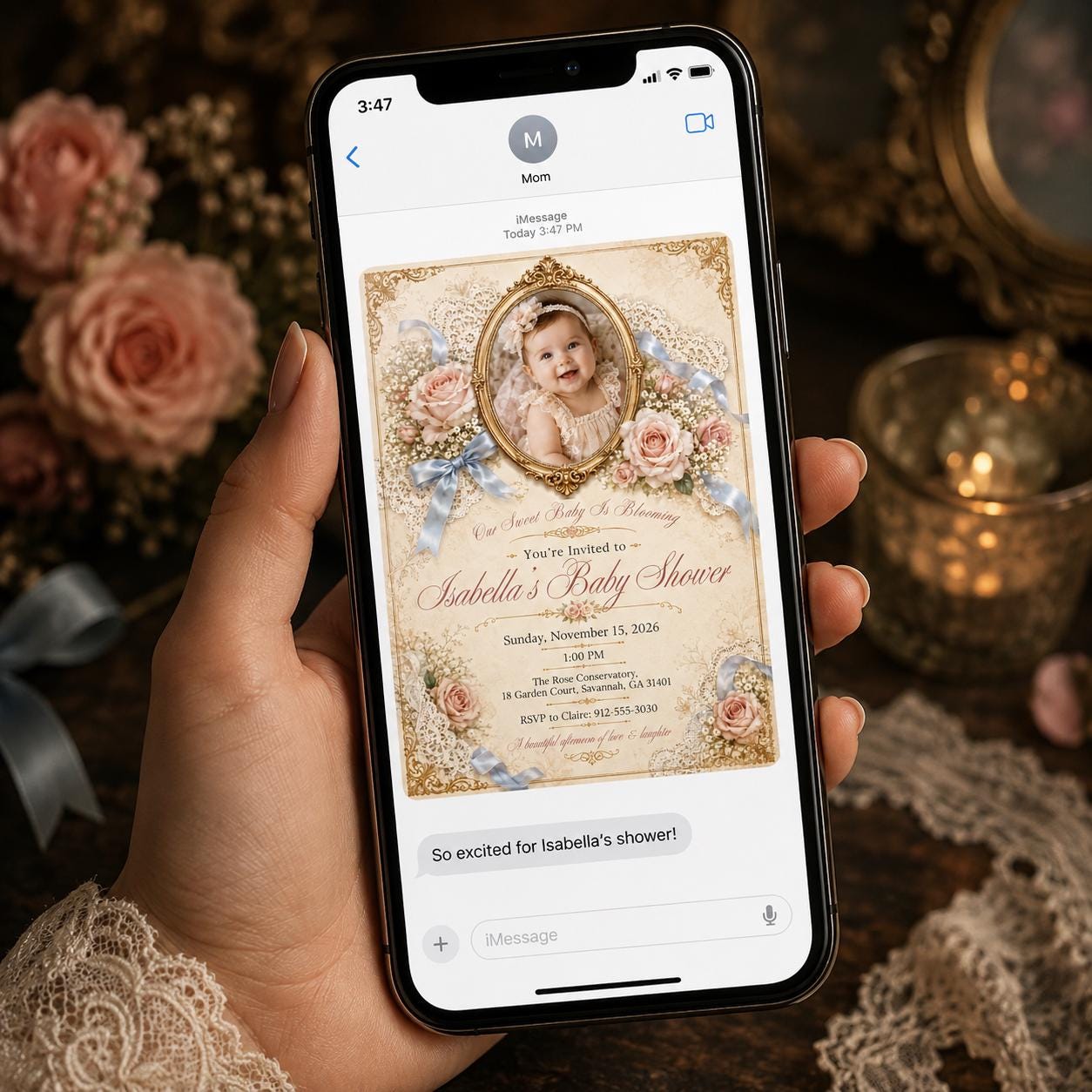 Baby Girl Shower Invitation, Vintage Floral Lace Photo Invite, Pink Coquette Editable Canva Template - Image 3
