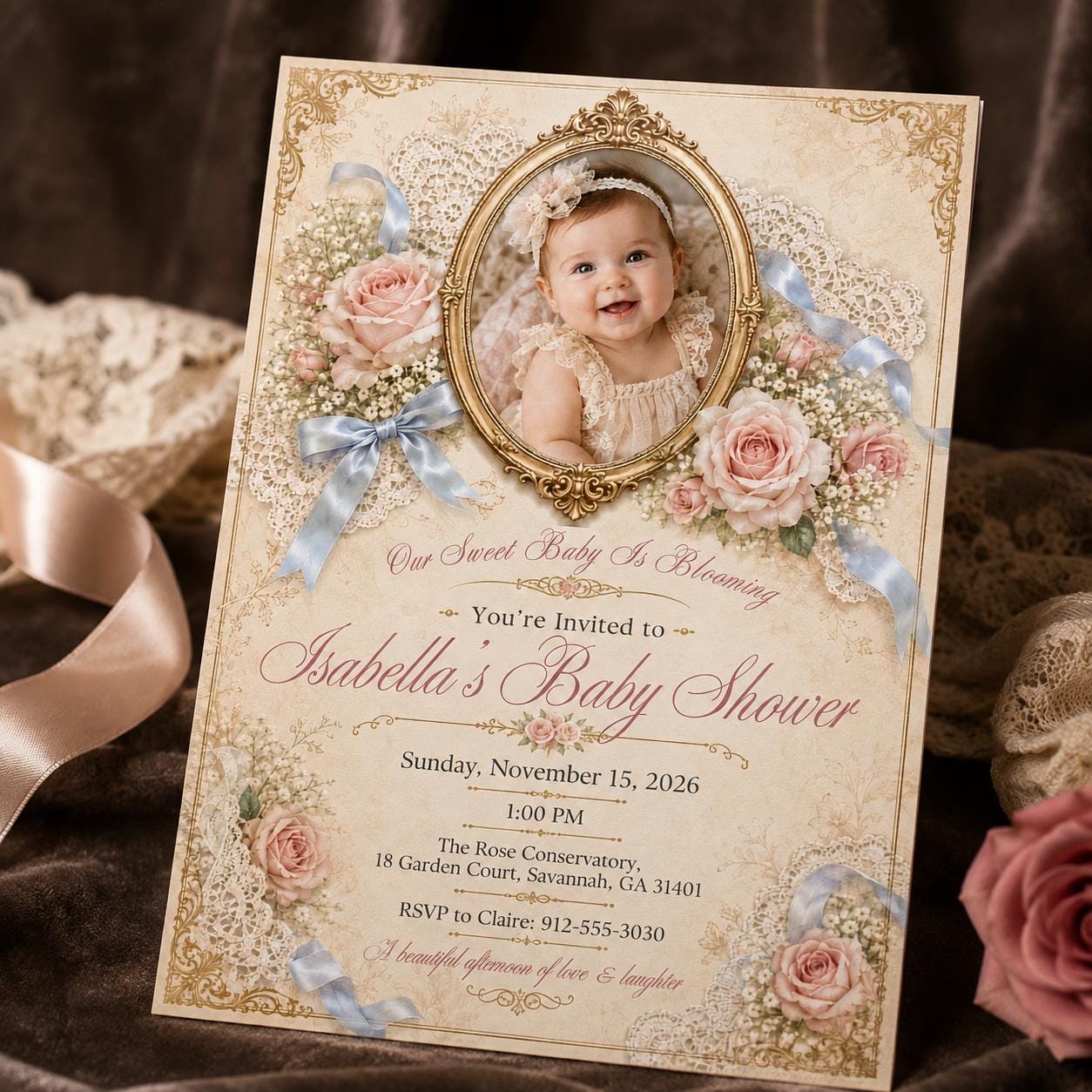 Baby Girl Shower Invitation, Vintage Floral Lace Photo Invite, Pink Coquette Editable Canva Template - Image 6