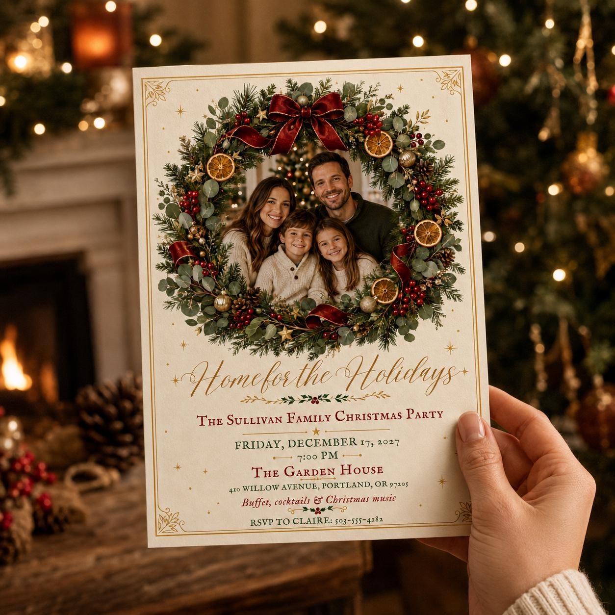 Family Christmas Party Invitation, Holiday Wreath Photo Invite, Elegant Editable Canva Template - Image 4