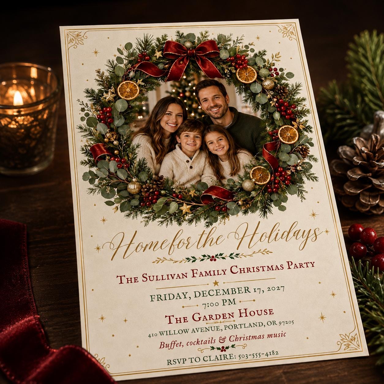 Family Christmas Party Invitation, Holiday Wreath Photo Invite, Elegant Editable Canva Template - Image 6