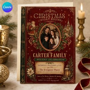 Vintage Christmas Party Invitation, Storybook Family Holiday Photo Invite, Editable Canva Template