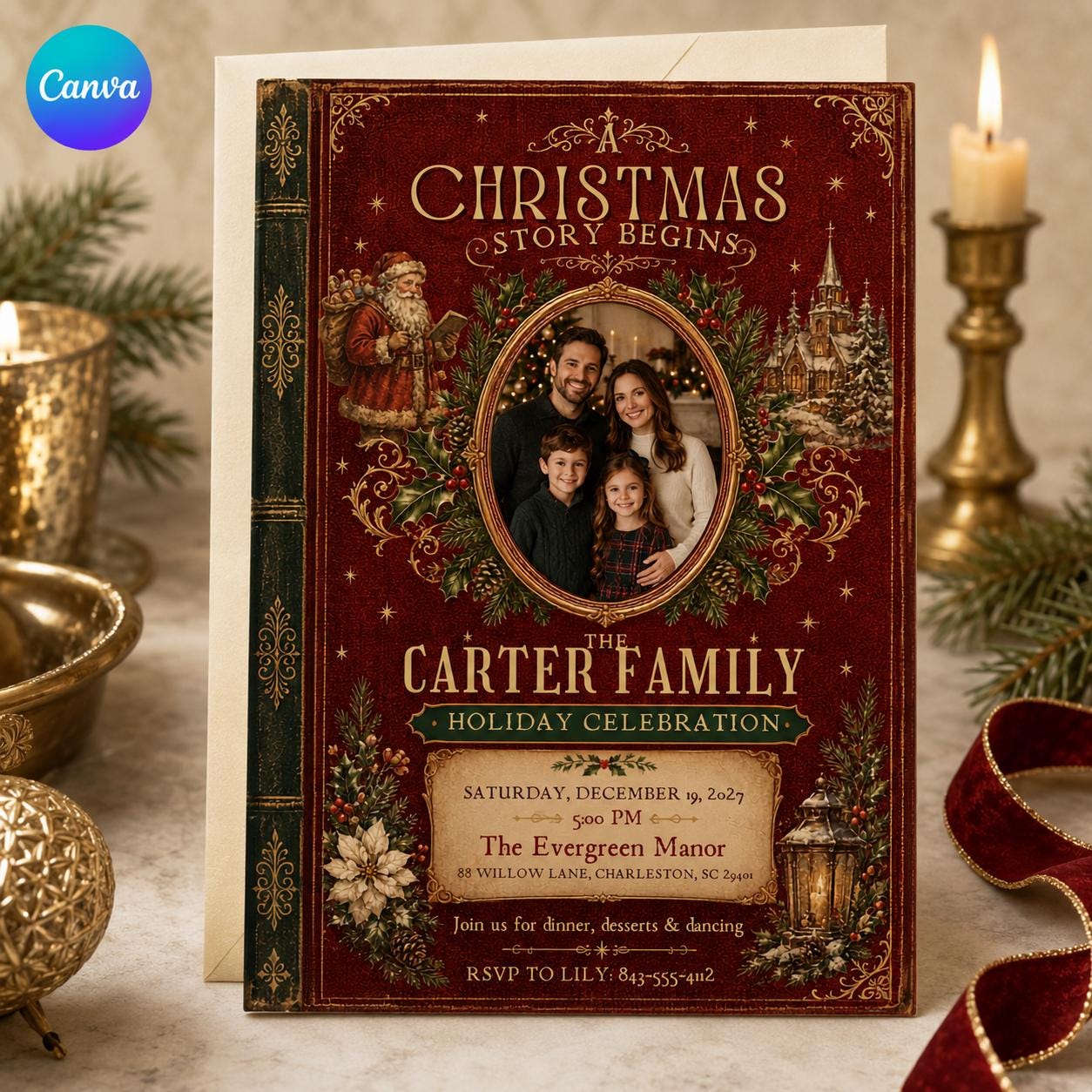 Vintage Christmas Party Invitation, Storybook Family Holiday Photo Invite, Editable Canva Template