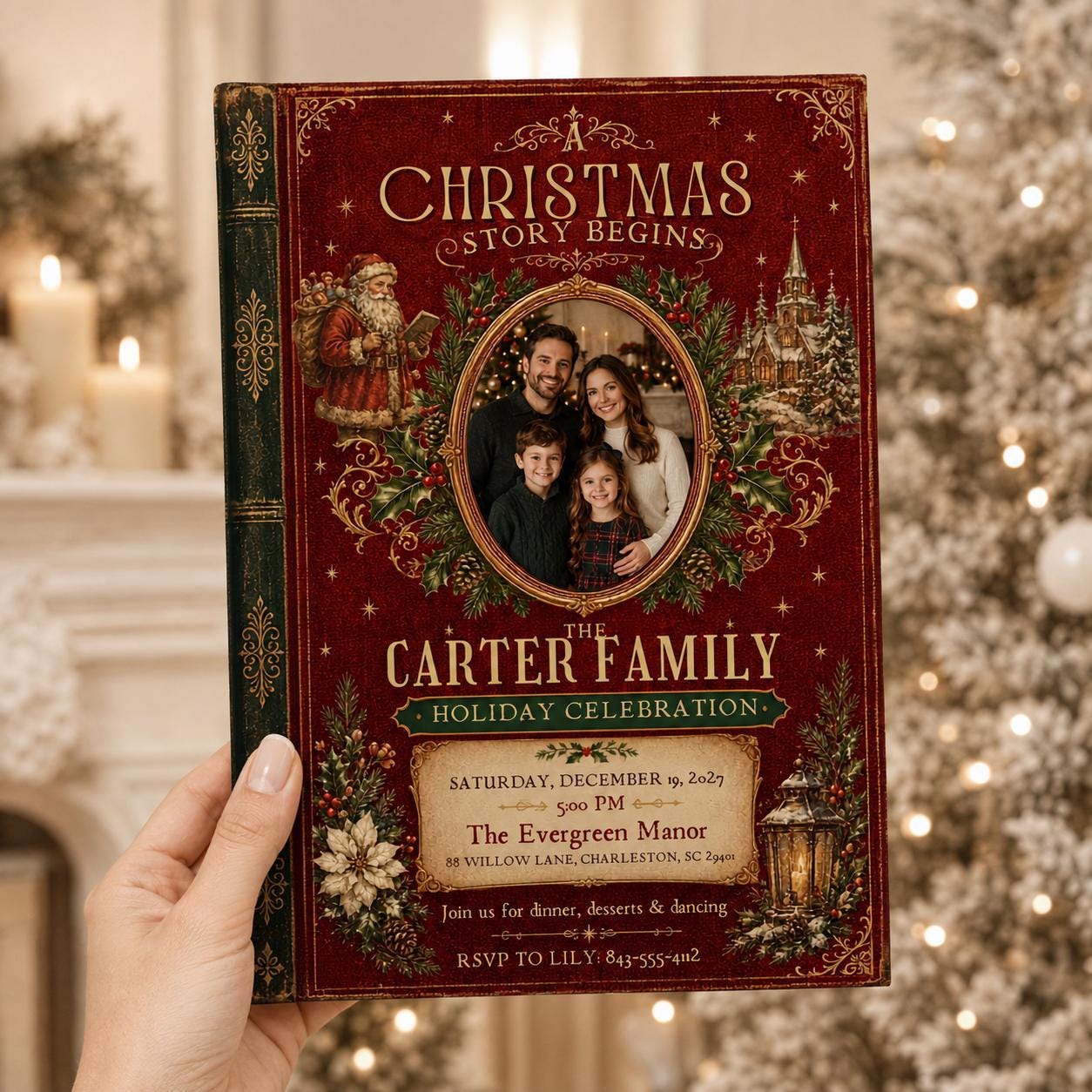 Vintage Christmas Party Invitation, Storybook Family Holiday Photo Invite, Editable Canva Template - Image 4