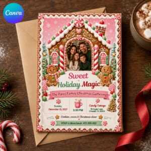 Gingerbread Christmas Party Invitation, Family Holiday Gathering Photo Invite, Editable Canva Template