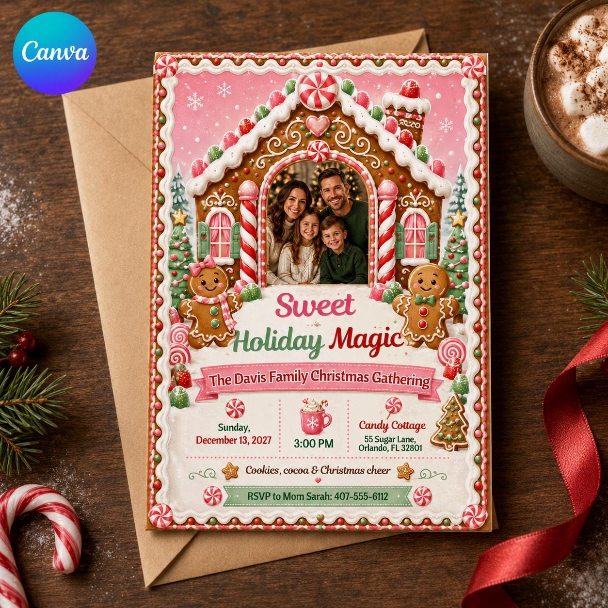 Gingerbread Christmas Party Invitation, Family Holiday Gathering Photo Invite, Editable Canva Template