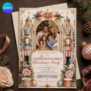 Nutcracker Christmas Party Invitation, Pink Blue Family Holiday Photo Invite, Editable Canva Template