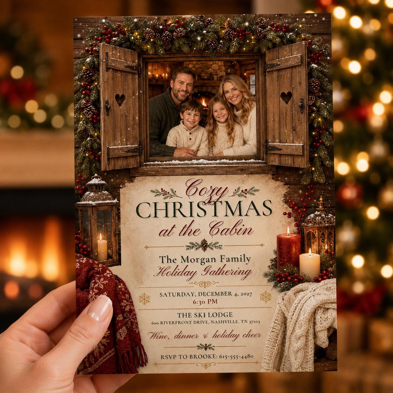 Cozy Christmas Party Invitation, Rustic Cabin Family Holiday Photo Invite, Editable Canva Template - Image 4