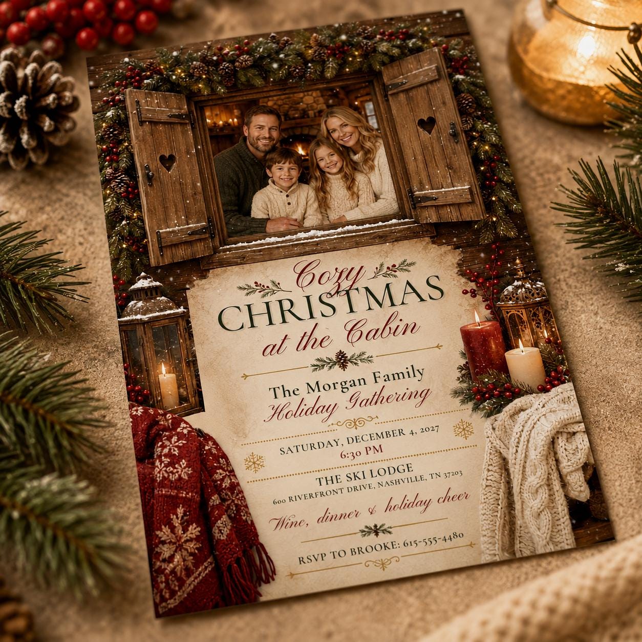 Cozy Christmas Party Invitation, Rustic Cabin Family Holiday Photo Invite, Editable Canva Template - Image 6