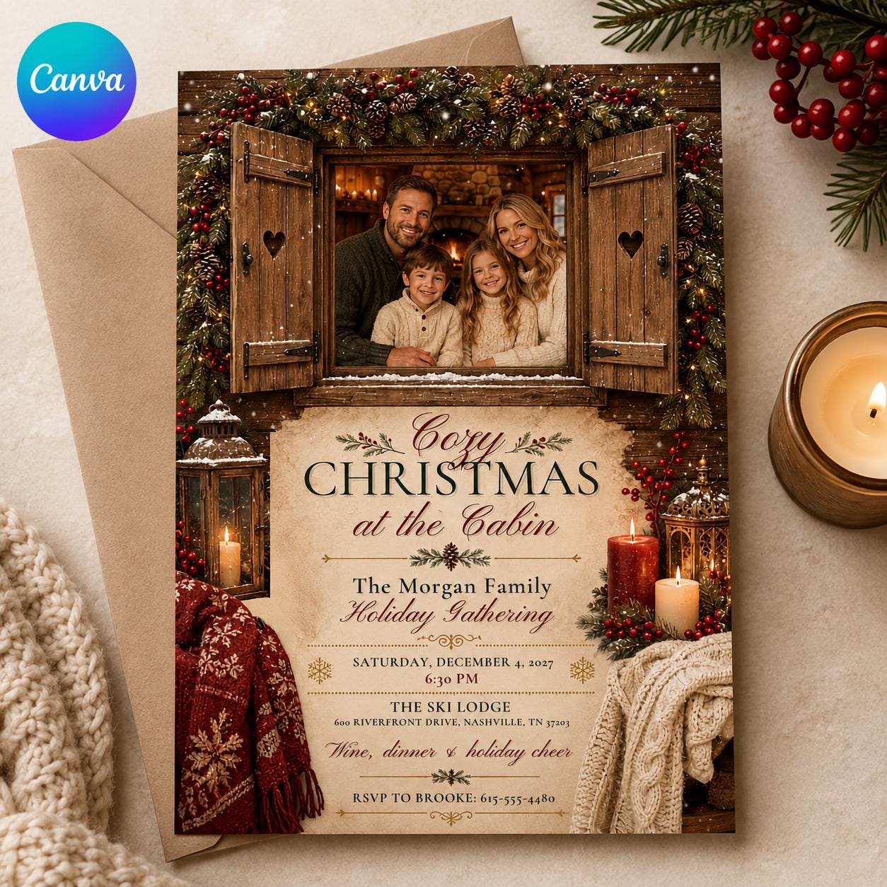 Cozy Christmas Party Invitation, Rustic Cabin Family Holiday Photo Invite, Editable Canva Template