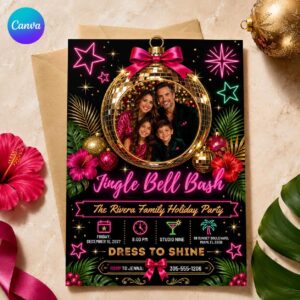 Christmas Party Invitation, Jingle Bell Bash Disco Family Holiday Photo Invite, Editable Canva Template