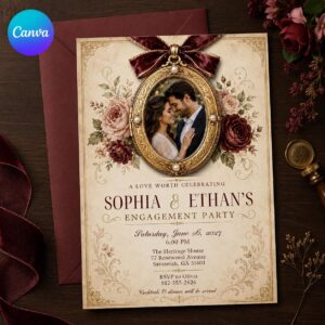 Engagement Party Invitation, Vintage Burgundy Floral Photo Invite, Elegant Gold Editable Canva Template