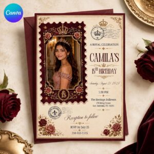 15th Birthday Invitation, Burgundy Gold Royal Photo Invite, Princess Sweet 15 Editable Canva Template
