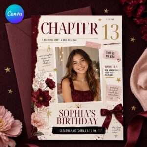 13th Birthday Invitation, Teen Girl Magazine Photo Invite, Burgundy Coquette Editable Canva Template