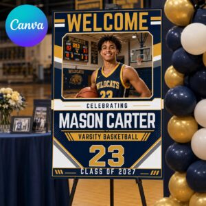 Basketball Graduation Welcome Sign, Class of 2027 Senior Athlete Photo Poster, Varsity Sports Grad Party, Canva Template