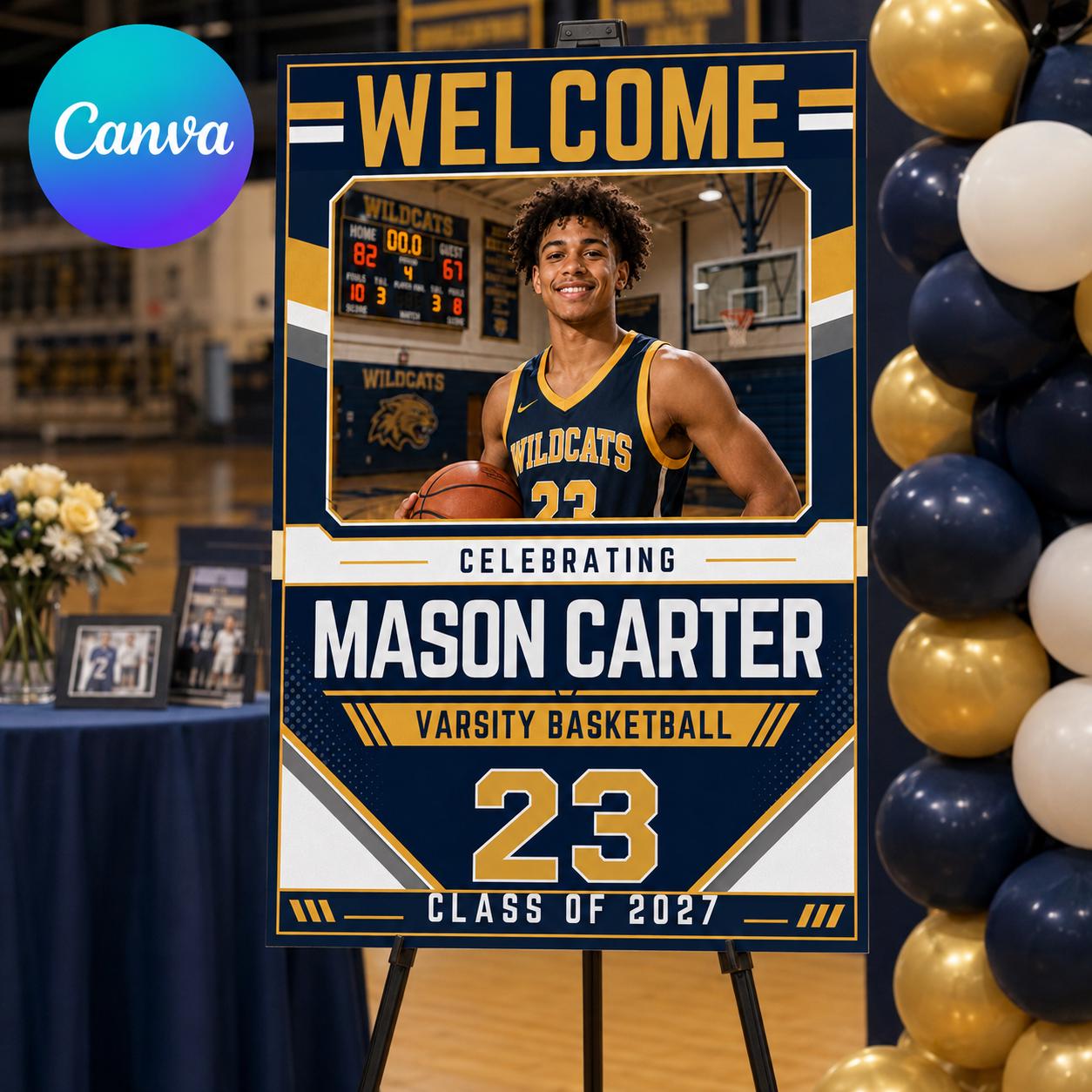 Basketball Graduation Welcome Sign, Class of 2027 Senior Athlete Photo Poster, Varsity Sports Grad Party, Canva Template