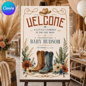 Cowboy Baby Shower Welcome Sign, Western Little Cowboy Party Poster, Wild West Baby Boy Decor, Editable Canva Template