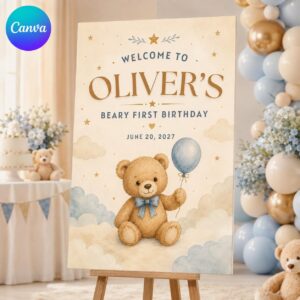 Beary First Birthday Welcome Sign, Blue Teddy Bear Party Poster, Editable Boy 1st Birthday Decor, Canva Template