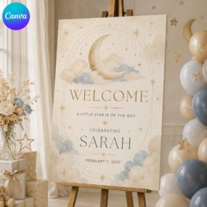 Baby Shower Welcome Sign, Moon and Stars Celestial Poster, Twinkle Little Star Baby Shower Decor, Editable Canva Template