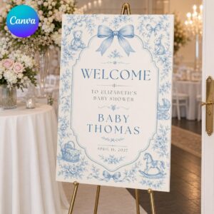 Baby Shower Welcome Sign, Blue Toile de Jouy Bow Poster, Vintage Teddy Bear Baby Boy Shower Decor, Editable Canva Template
