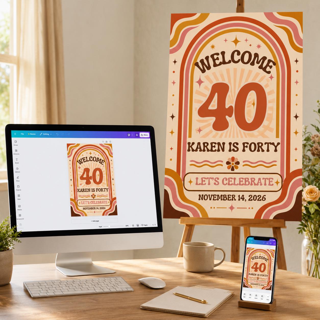 40th Birthday Welcome Sign, Retro Groovy 70s Party Poster, Orange Pink Milestone Birthday Decor, Editable Canva Template - Image 3