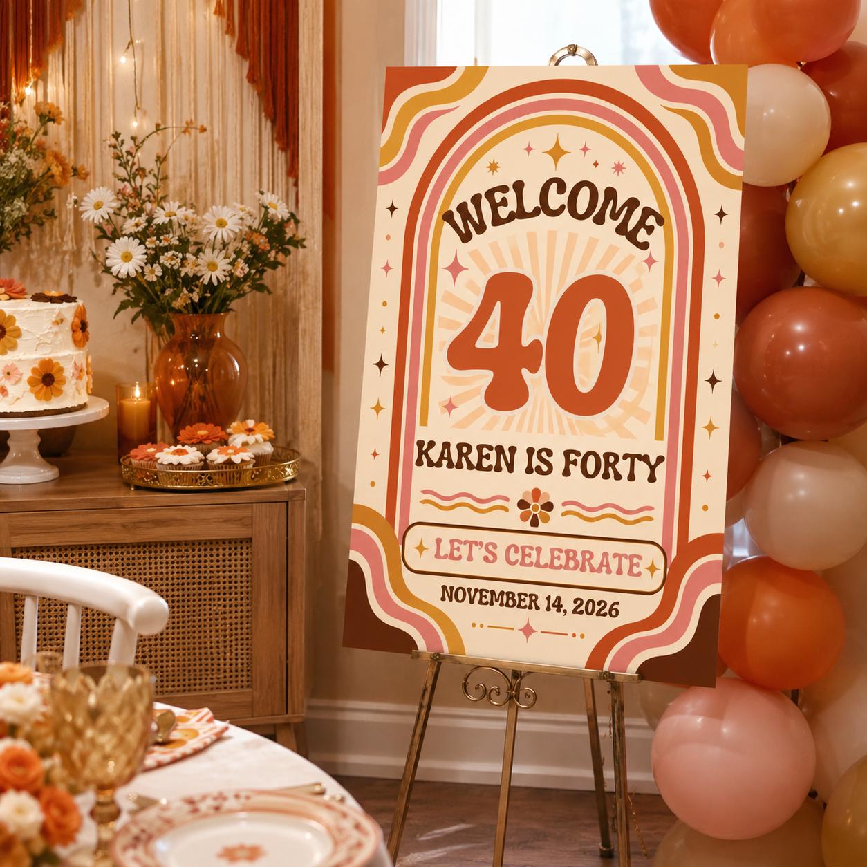 40th Birthday Welcome Sign, Retro Groovy 70s Party Poster, Orange Pink Milestone Birthday Decor, Editable Canva Template - Image 5
