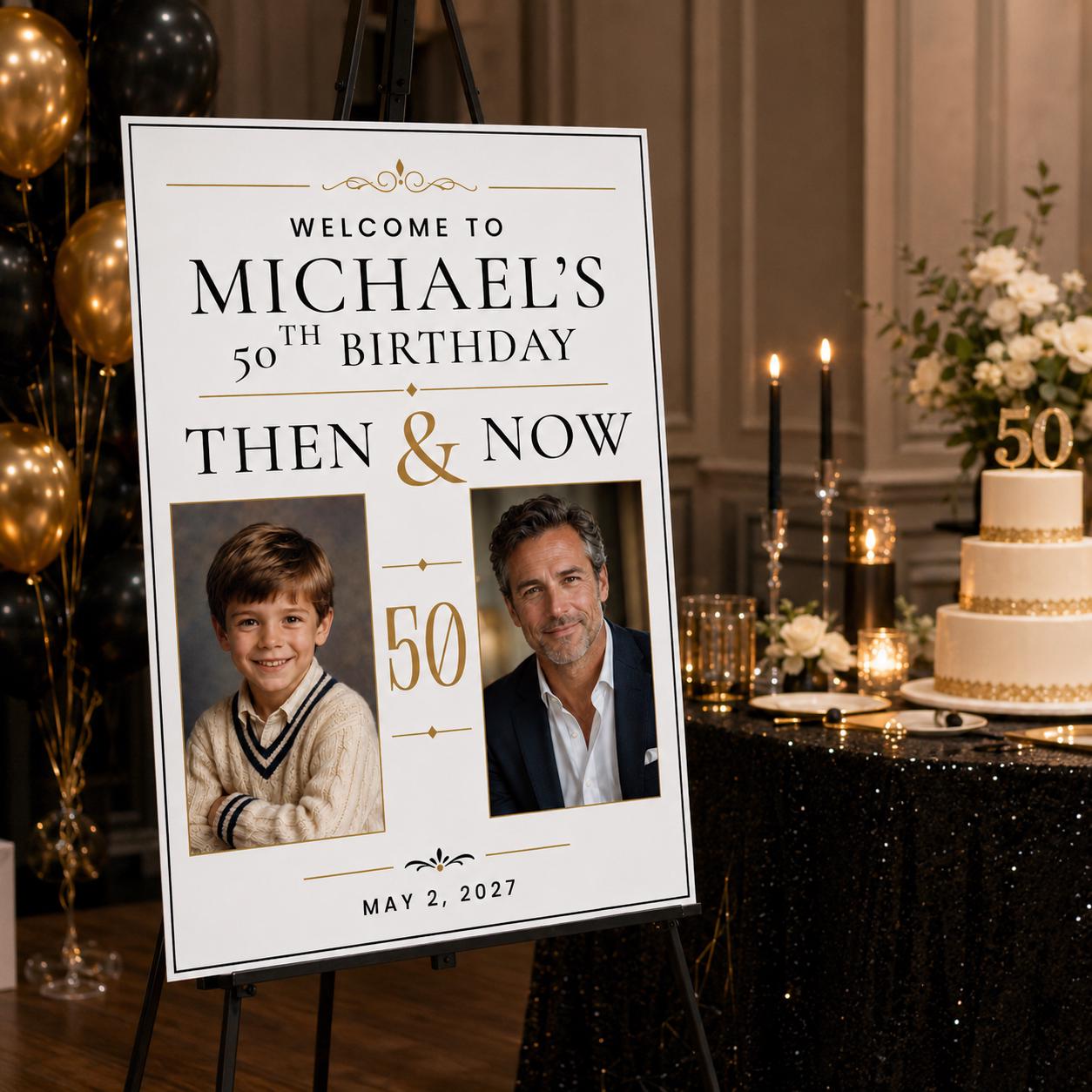 50th Birthday Welcome Sign with Photos, Then and Now Milestone Poster for Him, Editable Photo Display Canva Template - Image 3