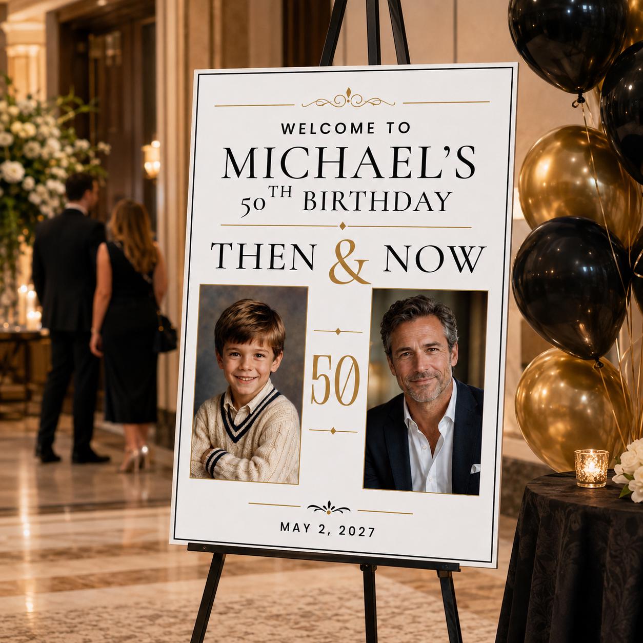 50th Birthday Welcome Sign with Photos, Then and Now Milestone Poster for Him, Editable Photo Display Canva Template - Image 5