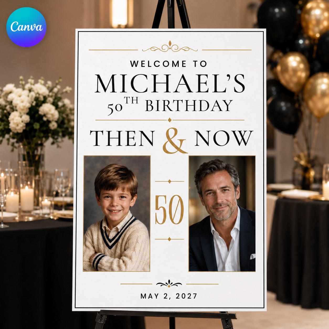 50th Birthday Welcome Sign with Photos, Then and Now Milestone Poster for Him, Editable Photo Display Canva Template