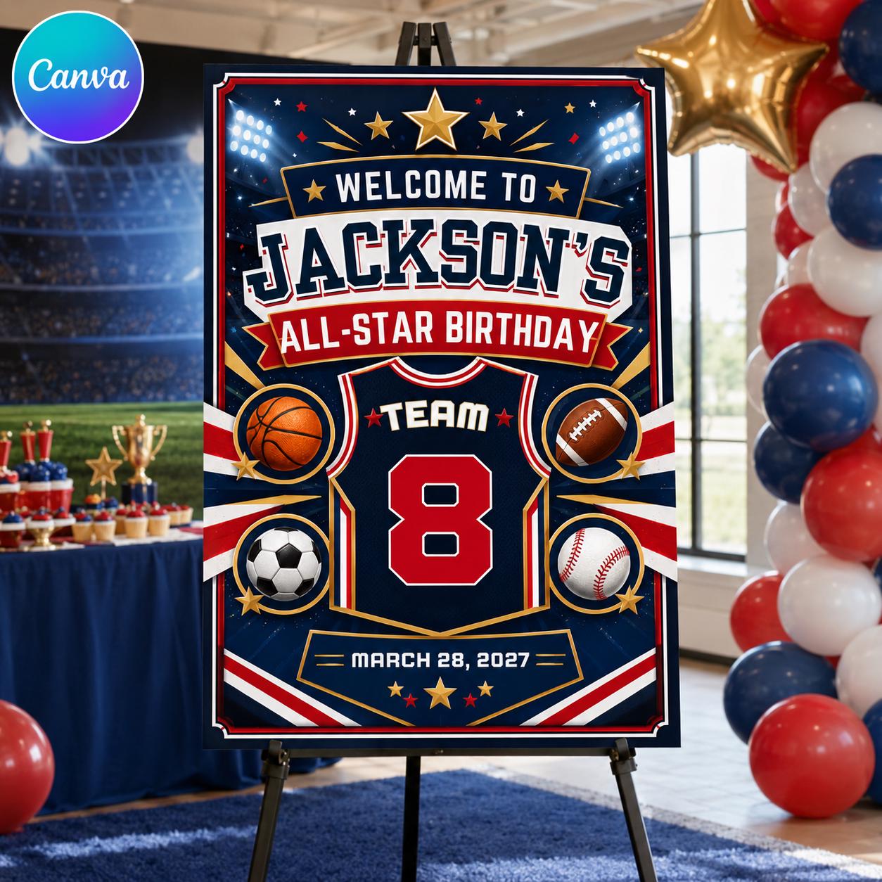 Sports Birthday Welcome Sign, All Star 8th Birthday Party Poster, Basketball Football Baseball Soccer, Editable Canva Template