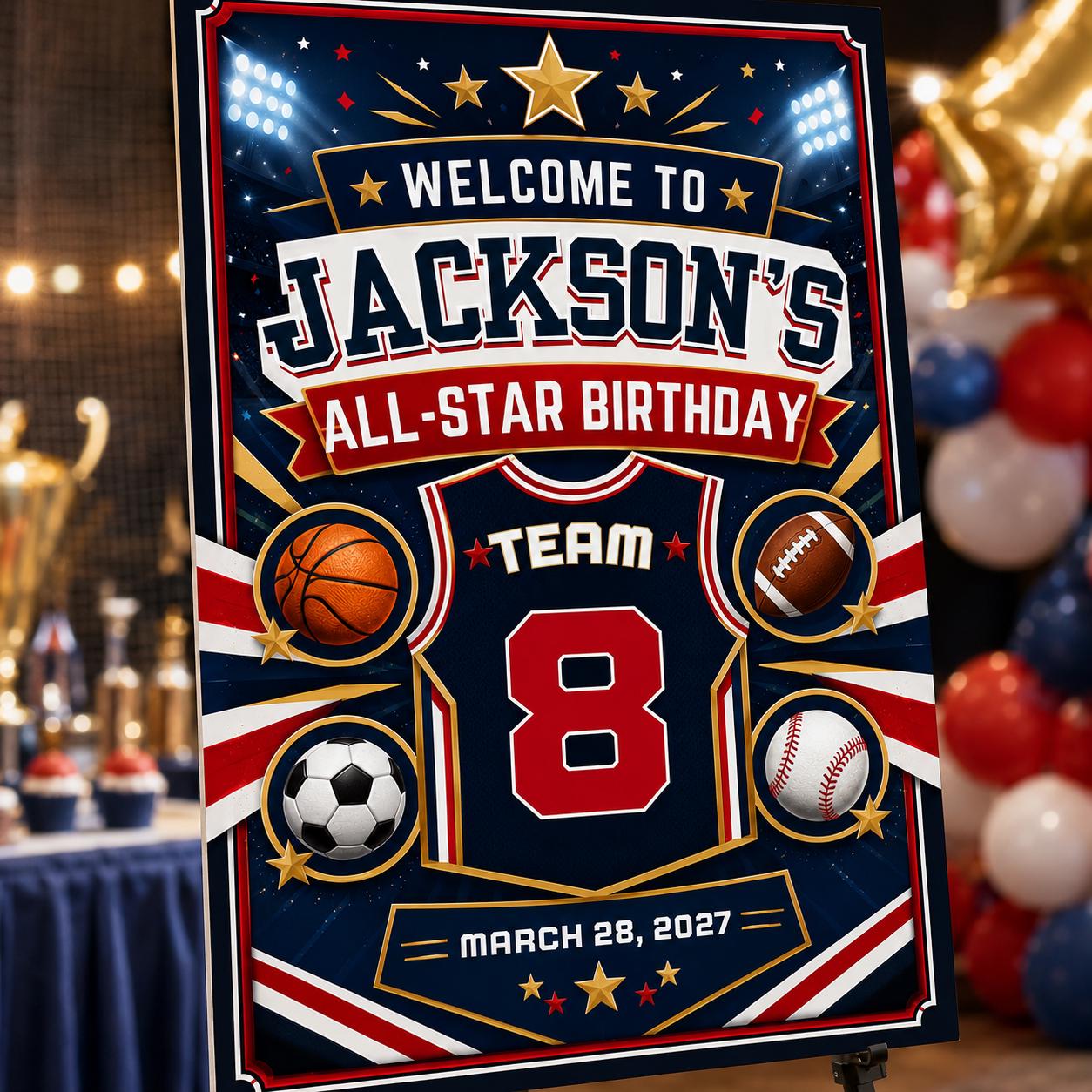 Sports Birthday Welcome Sign, All Star 8th Birthday Party Poster, Basketball Football Baseball Soccer, Editable Canva Template - Image 5