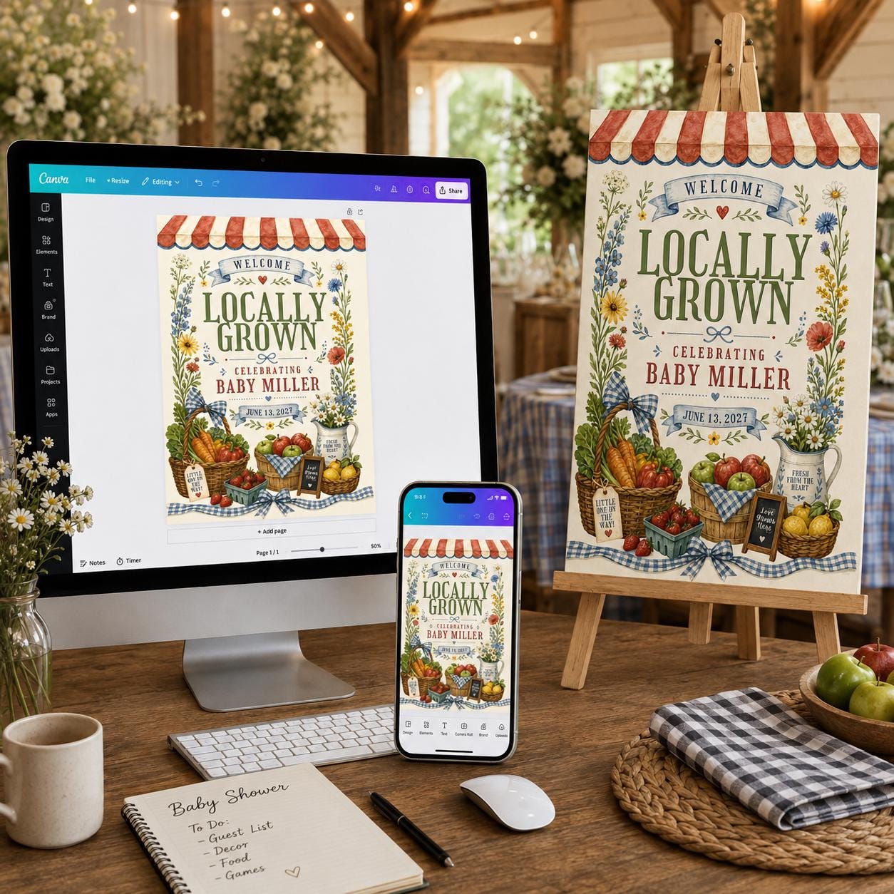 Locally Grown Baby Shower Welcome Sign, Farmers Market Garden Vegetable Party Poster, Editable Canva Template - Image 3