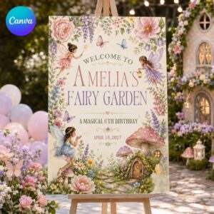 Fairy Birthday Welcome Sign, 6th Birthday Girl Enchanted Garden Butterfly Floral Party Poster, Editable Canva Template