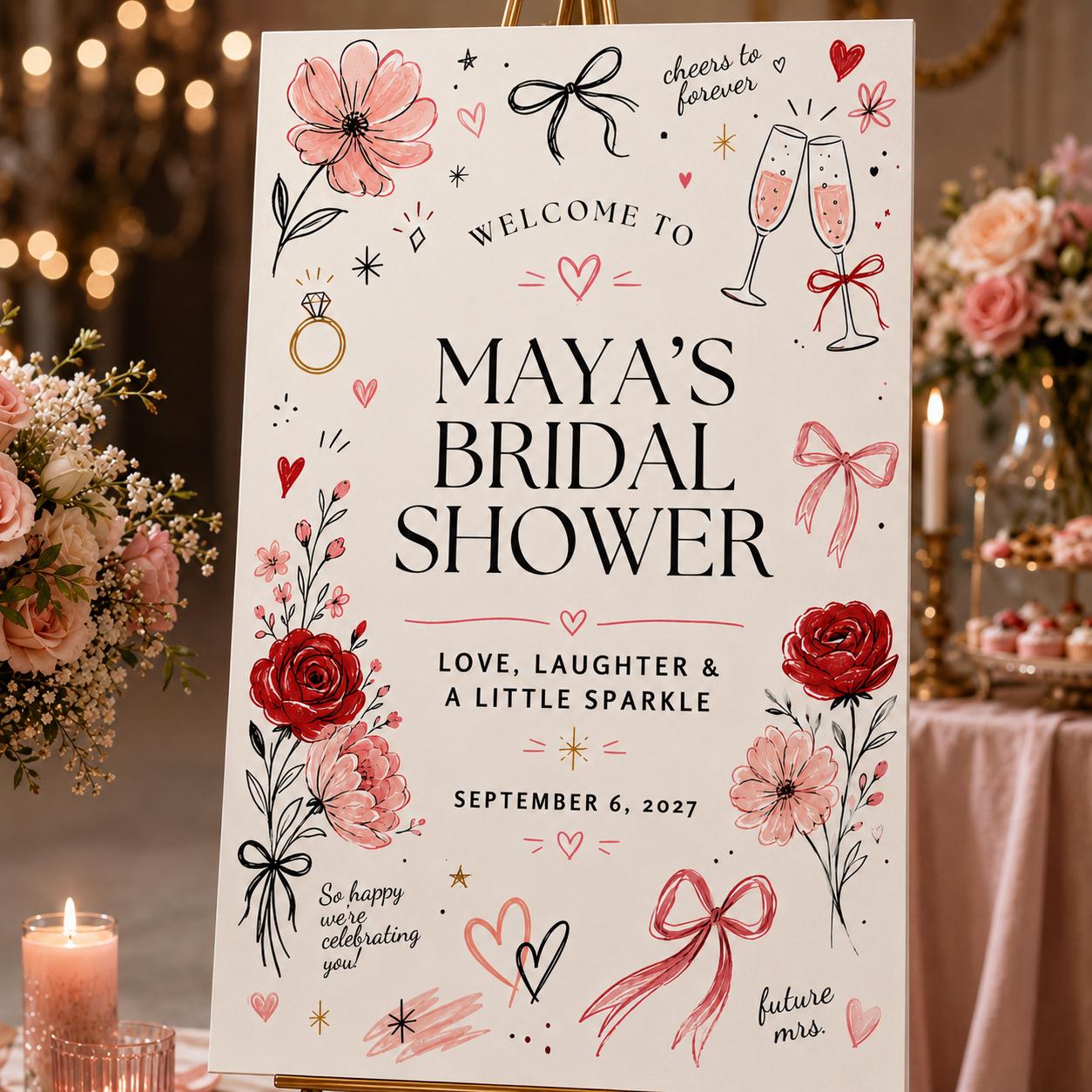 Bridal Shower Welcome Sign, Pink Red Bow Champagne Doodle Poster, Coquette Floral Bride to Be Decor, Editable Canva Template - Image 3