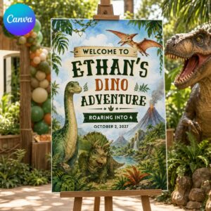 Dinosaur Birthday Welcome Sign, Roaring Into 4 Dino Adventure Poster, Jungle Volcano 4th Birthday Decor, Editable Canva Template