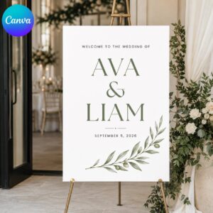 Wedding Welcome Sign, Minimalist Olive Branch Greenery Poster, Sage Botanical Entrance Decor, Editable Canva Template