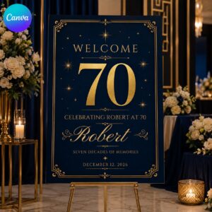 70th Birthday Welcome Sign, Navy Blue Gold Elegant Milestone Party Poster for Him or Her, Editable Canva Template
