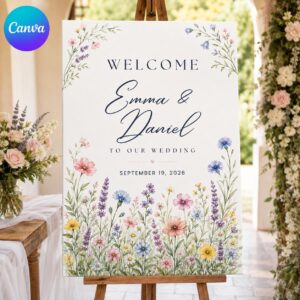 Wildflower Wedding Welcome Sign, Watercolor Garden Floral Ceremony Poster, Editable Printable Sign, Canva Template