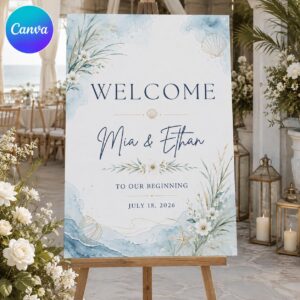 Coastal Wedding Welcome Sign, Blue Watercolor Seashell Beach Event Poster, Editable Printable Sign, Canva Template