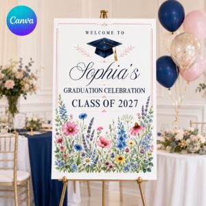 Graduation Welcome Sign, Wildflower Watercolor Class of 2027 Grad Party Poster, Editable Printable Canva Template