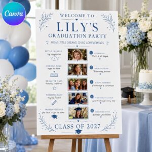 Graduation Welcome Sign, Photo Timeline Memory Board, Class of 2027 Grad Party Poster, Editable Printable Canva Template