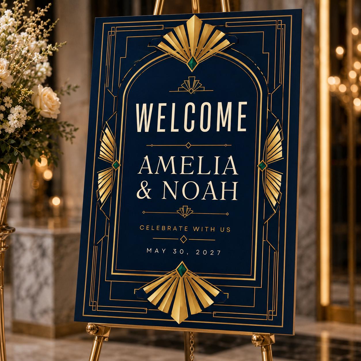Art Deco Wedding Welcome Sign, Black Gold Gatsby Event Poster, Editable Printable Entrance Sign, Canva Template - Image 6